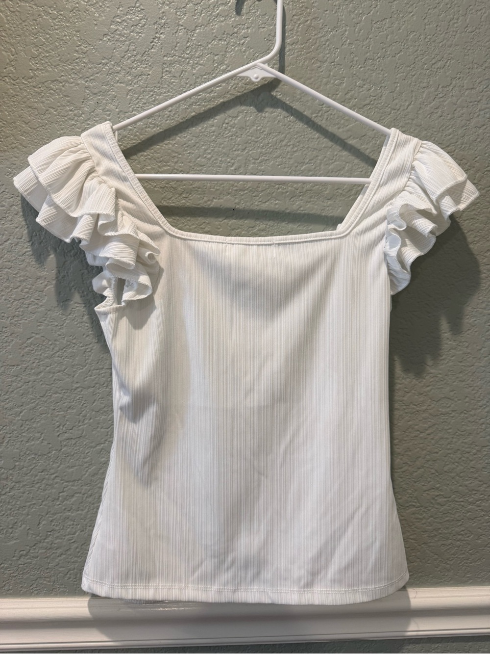 White Ribbed Square Neck Ruffle Sleeve Top - Picture 2 of 3